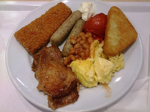 Full breakfast with Breakfast sausage Scrambled eggs Grilled chicken fillet Fried fish fillet Hash brown Roasted tomato and Baked beans