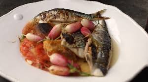 Roasted sardines mackerel and radishes